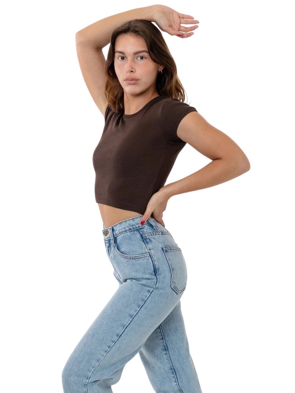 Los Angeles Apparel Baby Rib Crop Tee Cap Sleeve Brown S